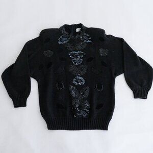 Vintage Bonnie And Bill Black Beaded Knit Shoulder Pad 80's Sequin Sweater M